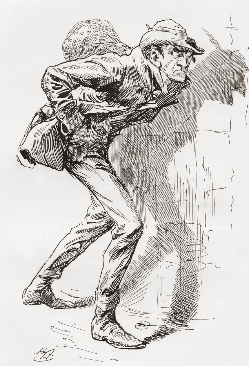 Dolge Orlick. 1910'da yayınlanan The Testimonial Edition'dan Charles Dickens'ın Büyük Beklentiler romanı için Harry Furniss'in çizimi. by Harry Furniss