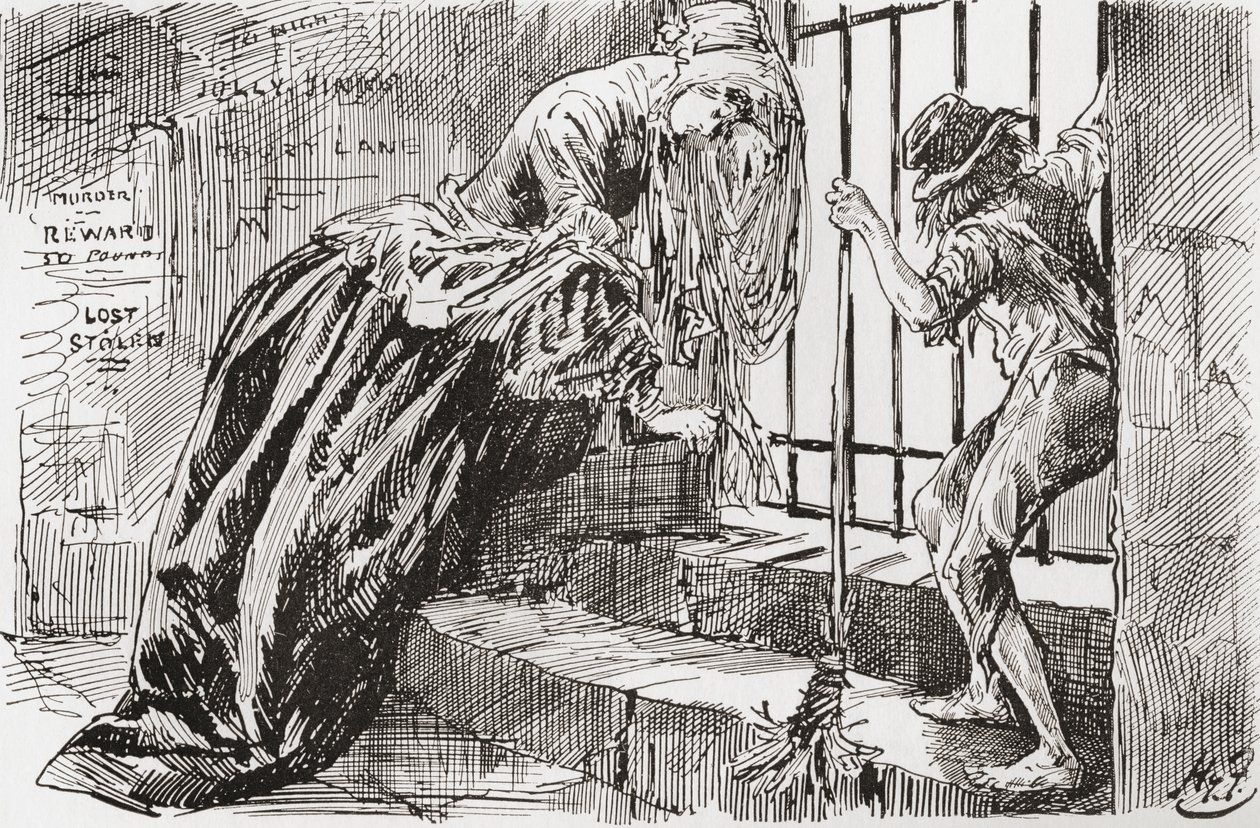 Leydi Dedlock ve Jo. "Oraya kondu," diyor Jo, parmaklıklara tutunup içeri bakarken, Leydi Dedlock bir köşeye çekiliyor. Charles Dickens'ın Kasvetli Ev romanı için Harry Furniss'in çizimi, The Testimonial Edition'dan, 1910'da yayın by Harry Furniss