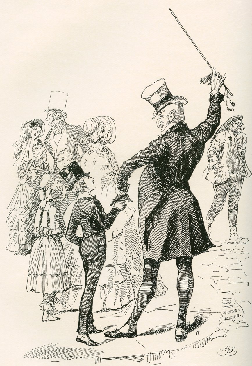 Bay Micawber, David'i Eve Götürür. "Birlikte evimize yürüdük, Bay Micawber giderken üzerime sokakların adlarını ve köşedeki evlerin şekillerini kazıdı." Charles Dickens romanı David Copperfield için Harry Furniss'in illüstrasyonu, by Harry Furniss