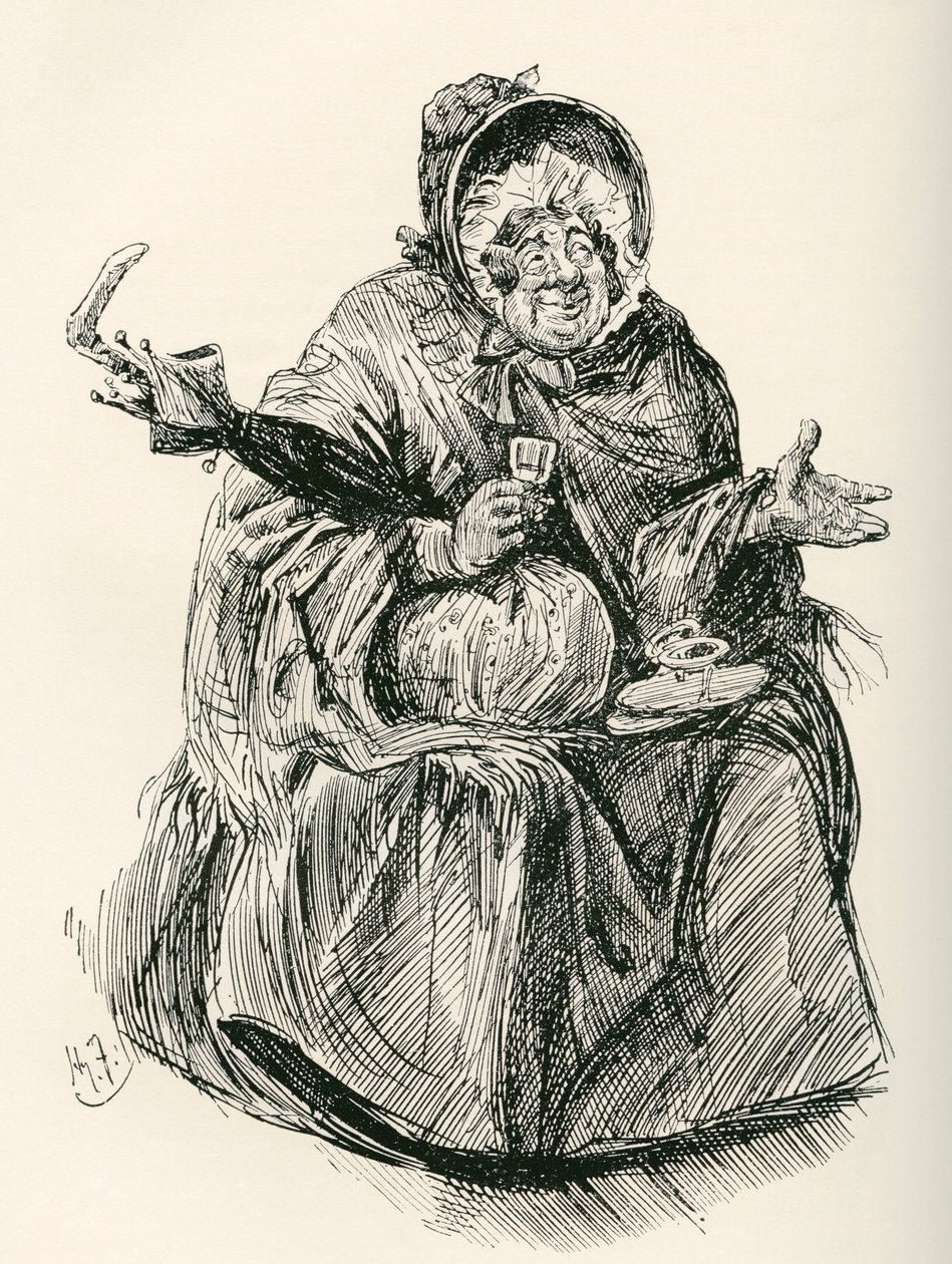 Bayan Gamp. Charles Dickens romanı Martin Chuzzlewit için Harry Furniss'in çizimi, The Testimonial Edition'dan, 1910'da yayınlandı. by Harry Furniss