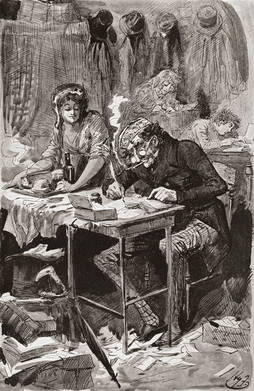Yalvaran Mektup Yazarı. 1910'da yayınlanan The Testimonial Edition'dan Charles Dickens'ın Büyük Beklentiler romanı için Harry Furniss'in illüstrasyonu. by Harry Furniss