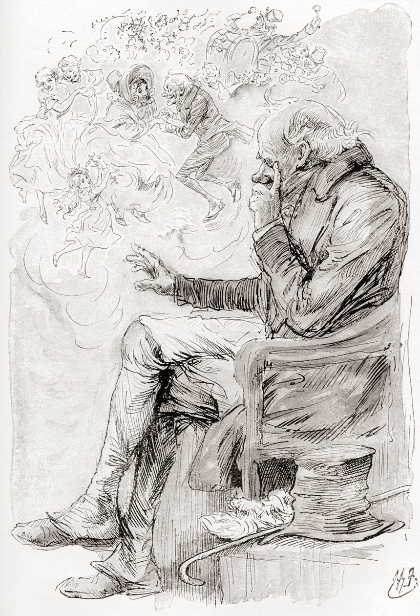Trotty'nin Rüyası. "Trotty düş görmüş müydü? Yoksa sevinçleri, kederleri ve içlerindeki aktörler bir düş müydü; The Chimes from The Christmas Book adlı kısa öykü için Harry Furniss'in illüstrasyonu by Harry Furniss