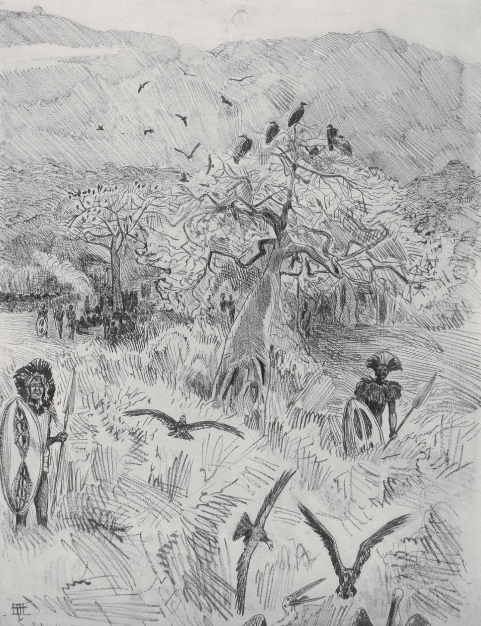 Masai Kampı, c.1884 (kağıt üzerine kalem) by Harry Hamilton Johnston