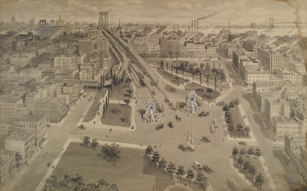 Brooklyn Plaza of the Manhattan Bridge, c.1917 (Hindistan mürekkebi ve opak beyazla dokunan yıkama) by Harry M. Pettit