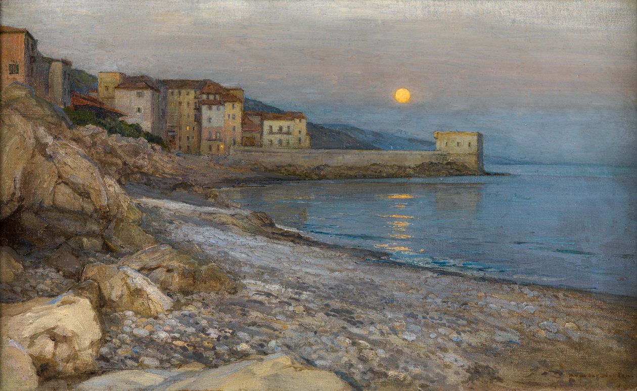 The Bastion, Menton, Cote d'Azur, by Twilight (gemiye serilmiş tuval üzerine yağlı boya) by Harry van der Weyden