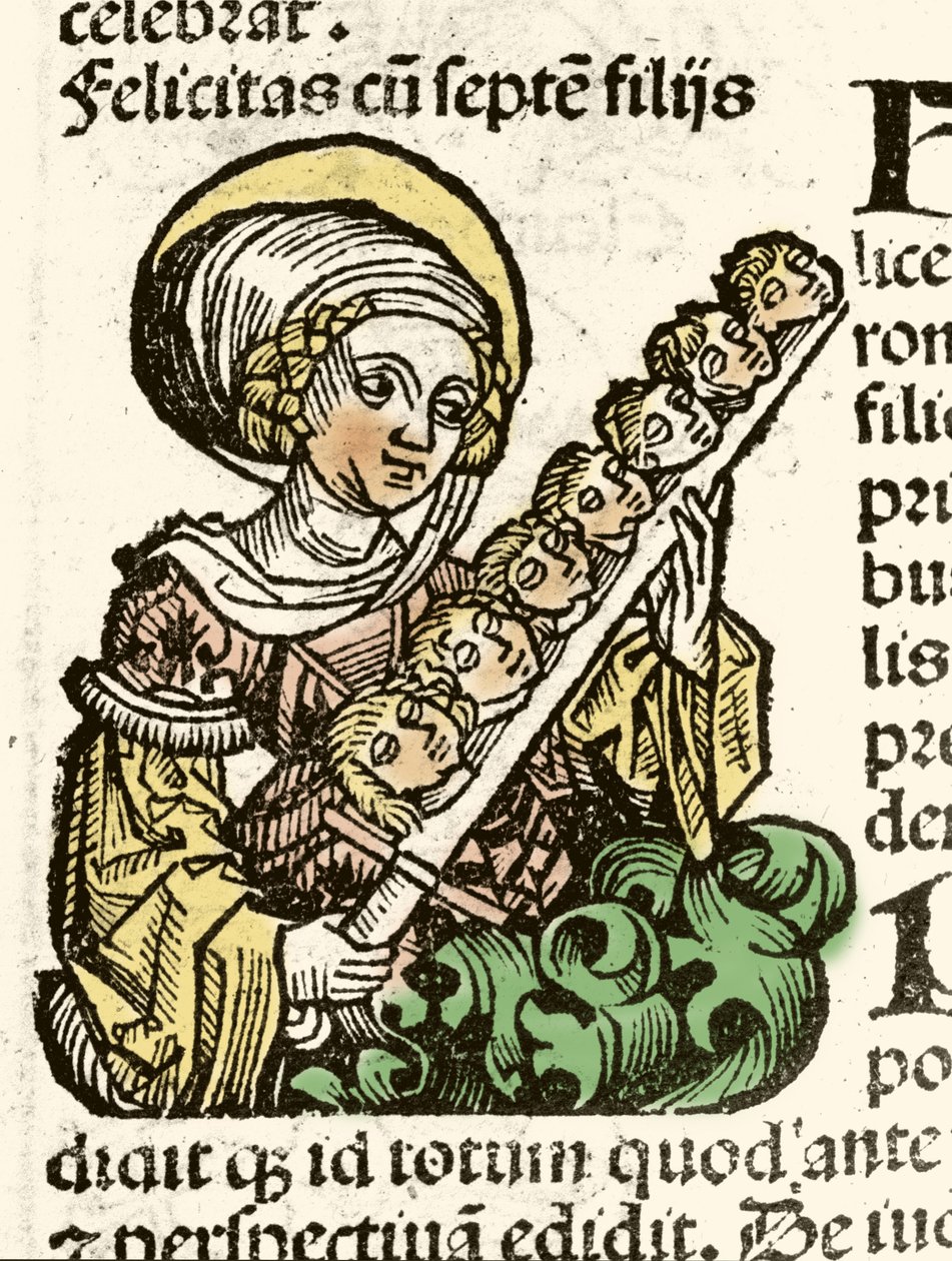 Aziz Felicite'nin temsili, yedi çocuğunun başlarıyla Roma'da şehitlik. Hartmann Schedel'in ksilografisi “” Nürnberg Günlükleri”” 1493. by Hartmann Schedel