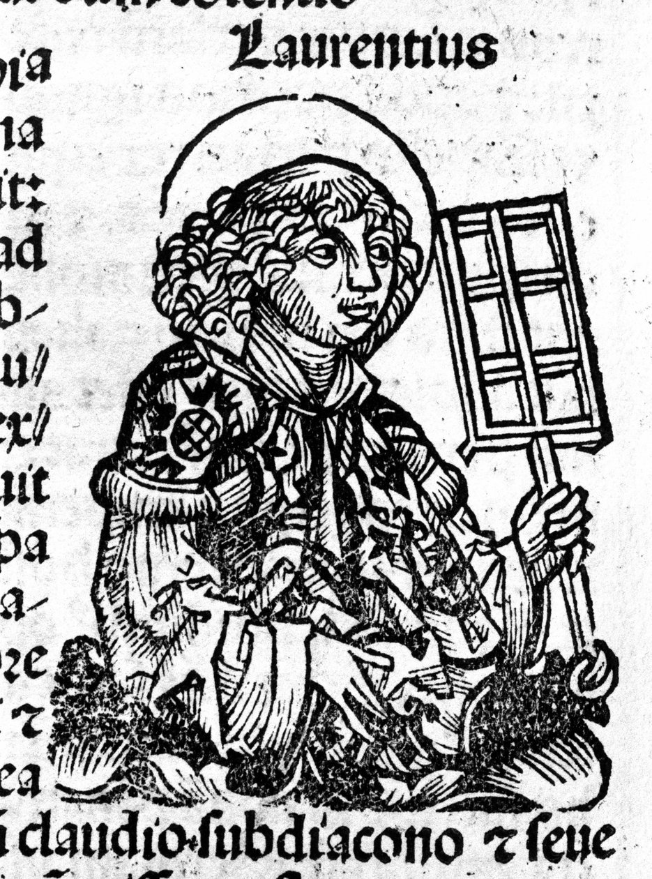 Saint Laurent, şehitliğinin bir aleti olan ızgarayı elinde tutuyor. “Liber Chronicarum by Hartmann Schedel”den gravür by Hartmann Schedel