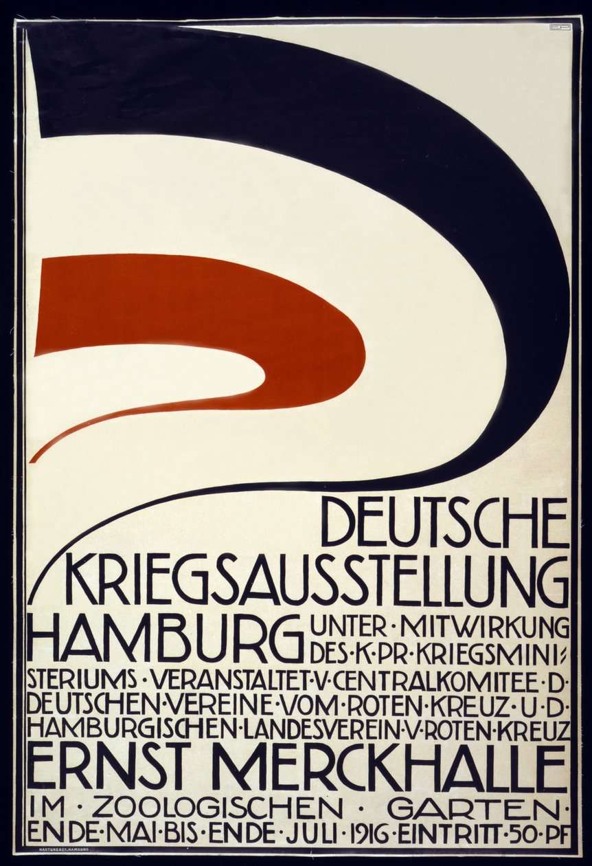 Kızıl Haç Deutsche Kriegsausstellung sponsorluğunda bir Savaş Sergisinin reklam afişi, Hamburg Mayıs - Temmuz 1916, 1916 by Hartung and Co.