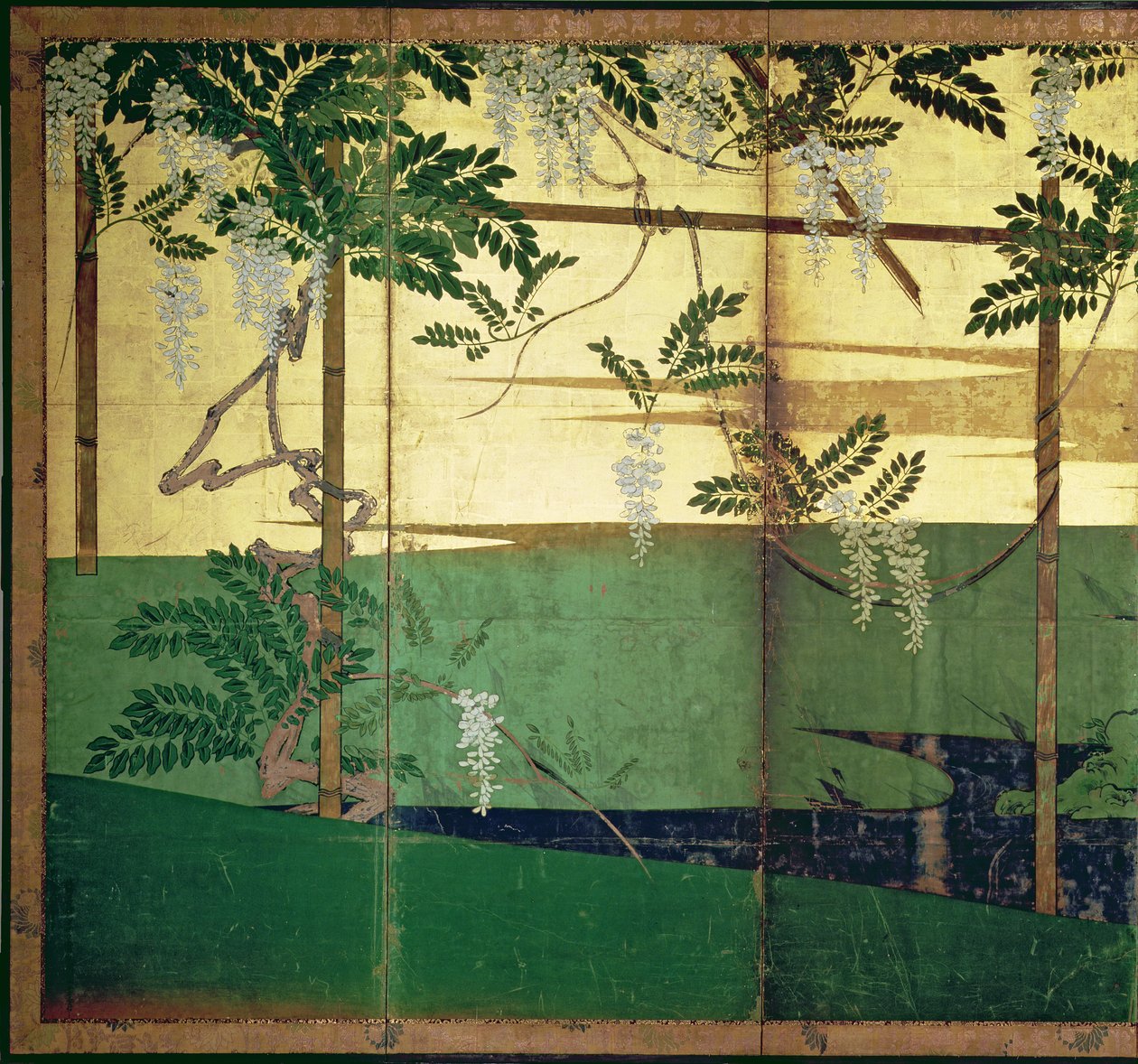 Çiçek açmış wisteria (kalem ve mürekkep, renk, panelde altın kağıt) (bkz. 216564) by Hasegawa Soen