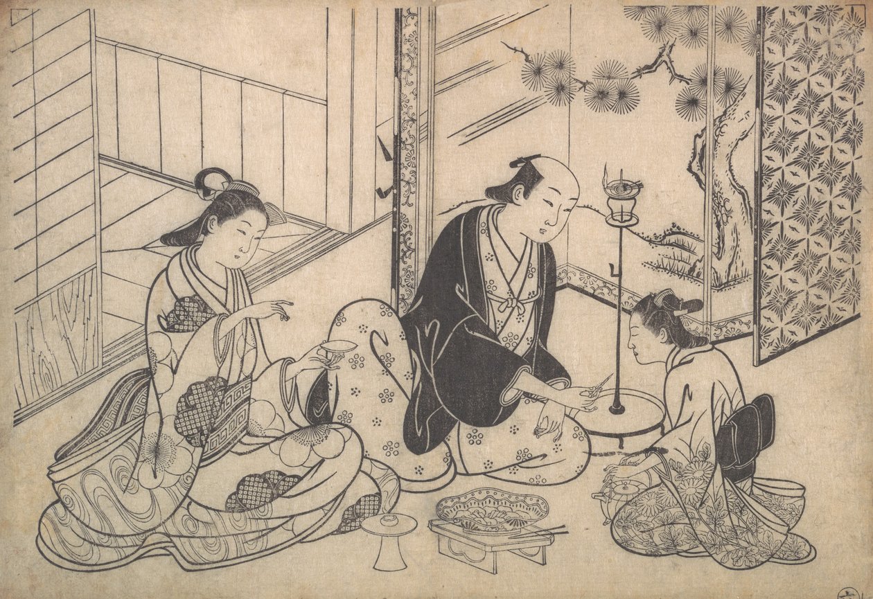 İç Mekan, Üç Figür: Sake Partisi, ca. 1730. by Hasegawa Mitsunobu