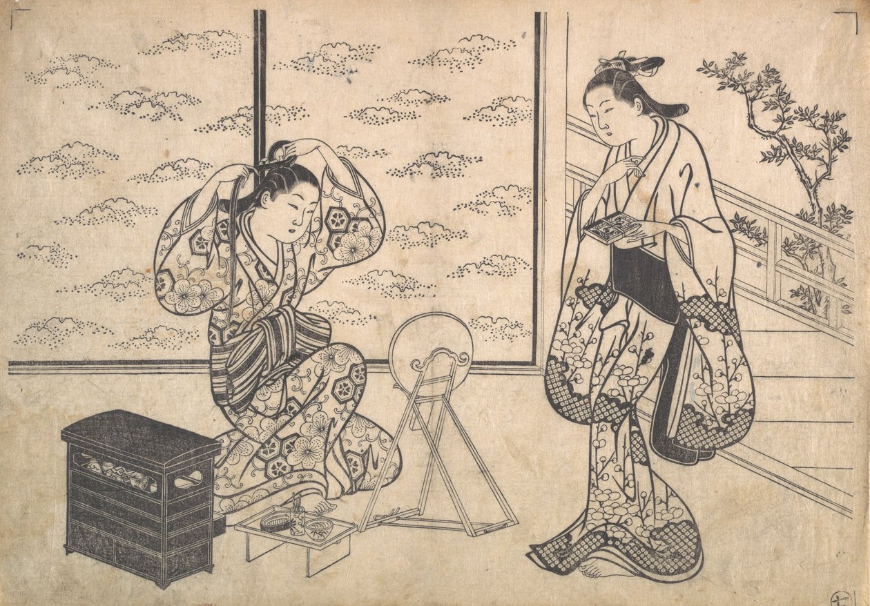 Bir Verandada Açılan Bir Odada İki Kadın, yaklaşık. 1730. by Hasegawa Mitsunobu