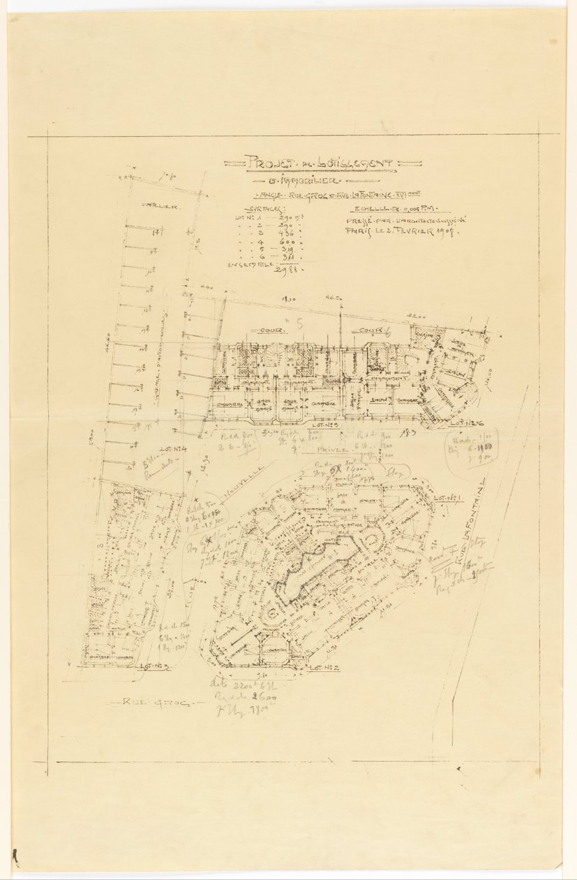 Plan, Project de Lotnement, rue Gros ve rue de la Fontaine, Paris by Hector Guimard