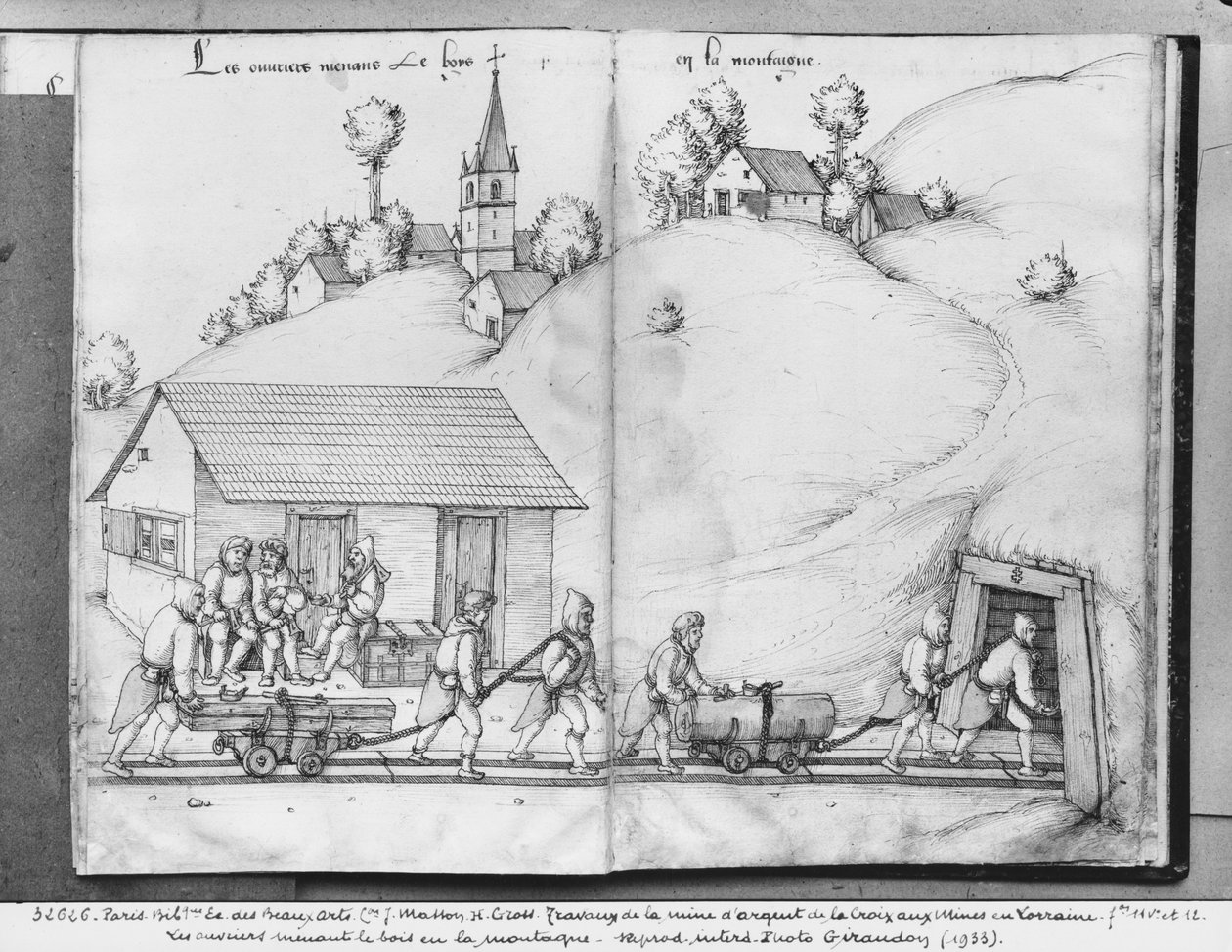 La Croix-aux-Mines, Lorraine, fol.11v ve fol.12r gümüş madeni, madene odun getiren madenciler, c.1530 (kağıt üzerinde kalem ve mürekkep ve tuvalet) by Heinrich Gross or Groff