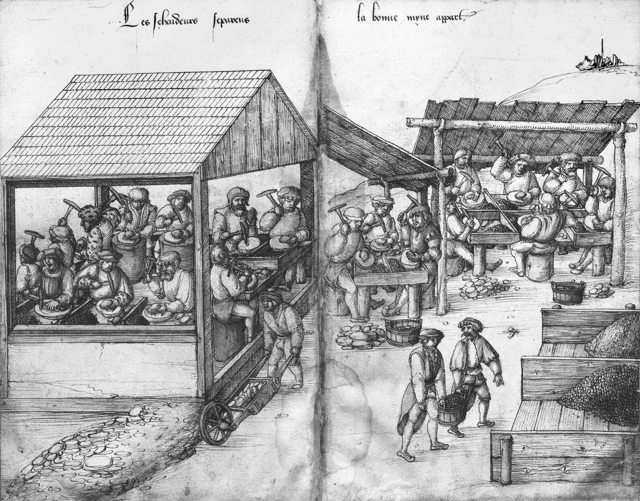 La Croix-aux-Mines, Lorraine, fol.15v ve fol.16r gümüş madeni, madenciler cevheri ayıklıyor, c.1530 (kağıt üzerinde kalem ve mürekkep ve tuvalet) by Heinrich Gross or Groff