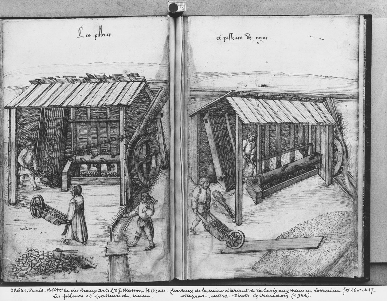 La Croix-aux-Mines, Lorraine, fol.16v ve fol.17r gümüş madeni, cevheri kırma ve yıkama, c.1530 (kağıt üzerinde kalem ve mürekkep ve tuvalet) by Heinrich Gross or Groff