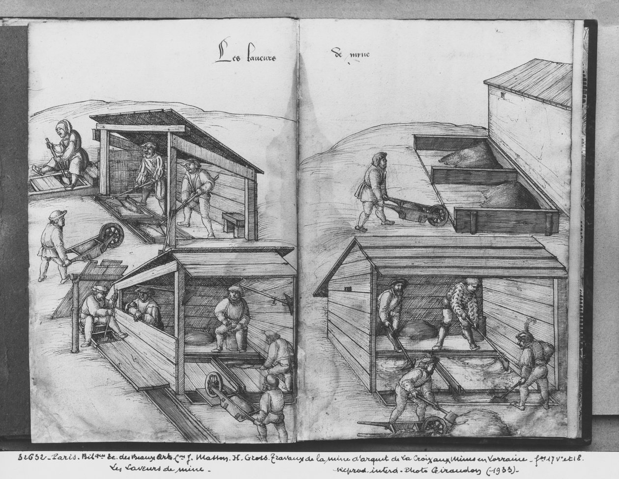 La Croix-aux-Mines, Lorraine, fol.17v ve fol.18r gümüş madeni, cevher yıkama, c.1530 (kağıt üzerinde kalem ve mürekkep ve tuvalet) by Heinrich Gross or Groff
