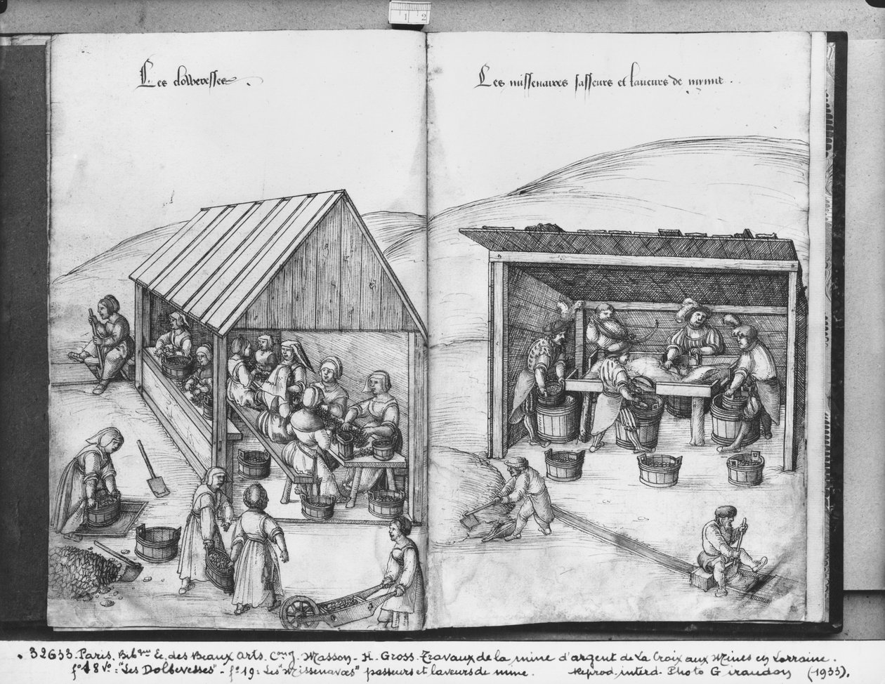 La Croix-aux-Mines, Lorraine, fol.18v ve fol.19 gümüş madeni, cevheri ayırma ve yıkama, c.1530 (kağıt üzerinde kalem ve mürekkep ve tuvalet) by Heinrich Gross or Groff