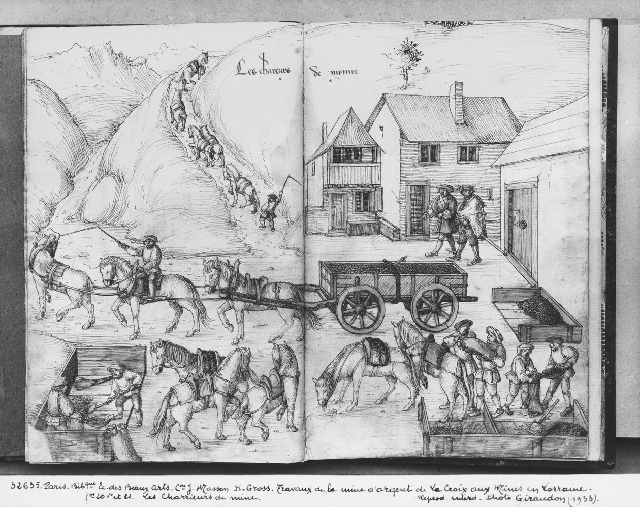La Croix-aux-Mines, Lorraine, fol.20v ve fol.21r gümüş madeni, cevherin taşınması, c.1530 (kağıt üzerinde kalem ve mürekkep ve tuvalet) by Heinrich Gross or Groff