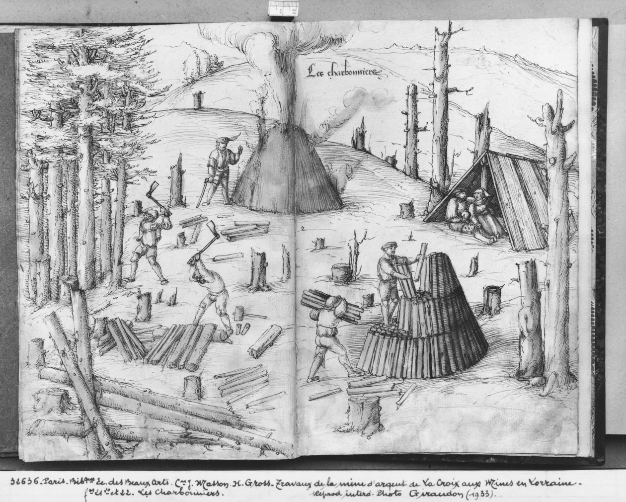 La Croix-aux-Mines gümüş madeni, Lorraine, fol.21v ve 22r, kömür işçileri, c.1530 (kağıt üzerinde kalem ve mürekkep ve tuvalet) by Heinrich Gross or Groff