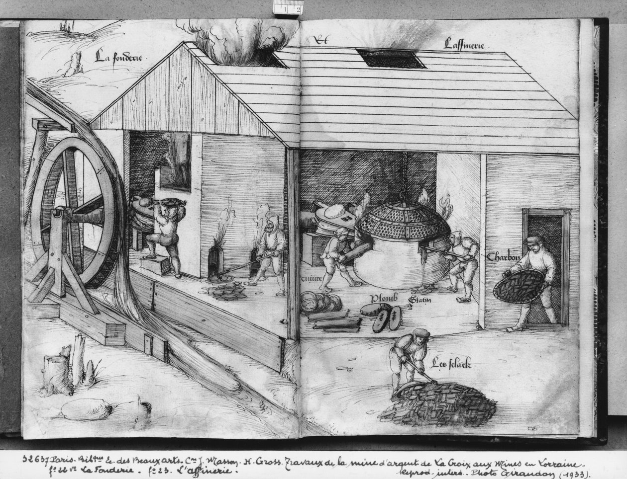 La Croix-aux-Mines gümüş madeni, Lorraine, fol.22v ve fol.23r, dökümhane ve rafinaj, c.1530 (kağıt üzerinde kalem ve mürekkep ve tuvalet) by Heinrich Gross or Groff