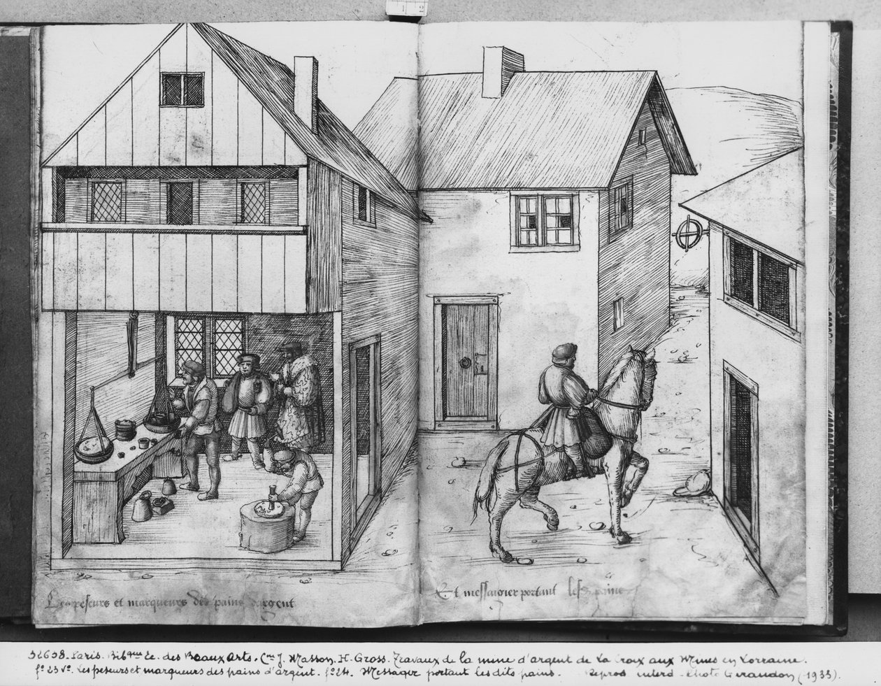 La Croix-aux-Mines gümüş madeni, Lorraine, fol.23v ve fol.24r, gümüş külçeleri tartan ve damgalayan, külçeleri taşıyan bir haberci, c.1530 (kağıt üzerinde kalem ve mürekkep ve tuvalet) by Heinrich Gross or Groff