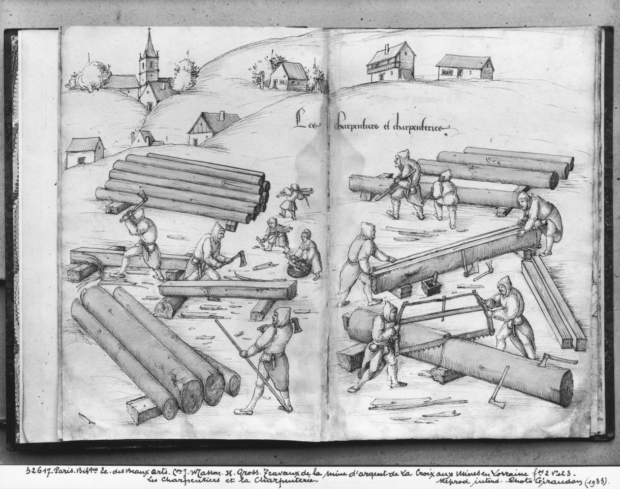 La Croix-aux-Mines gümüş madeni, Lorraine, fol.2v ve fol.3r, marangozlar ve marangozluk, c.1530 (kağıt üzerinde kalem ve mürekkep ve tuvalet) by Heinrich Gross or Groff