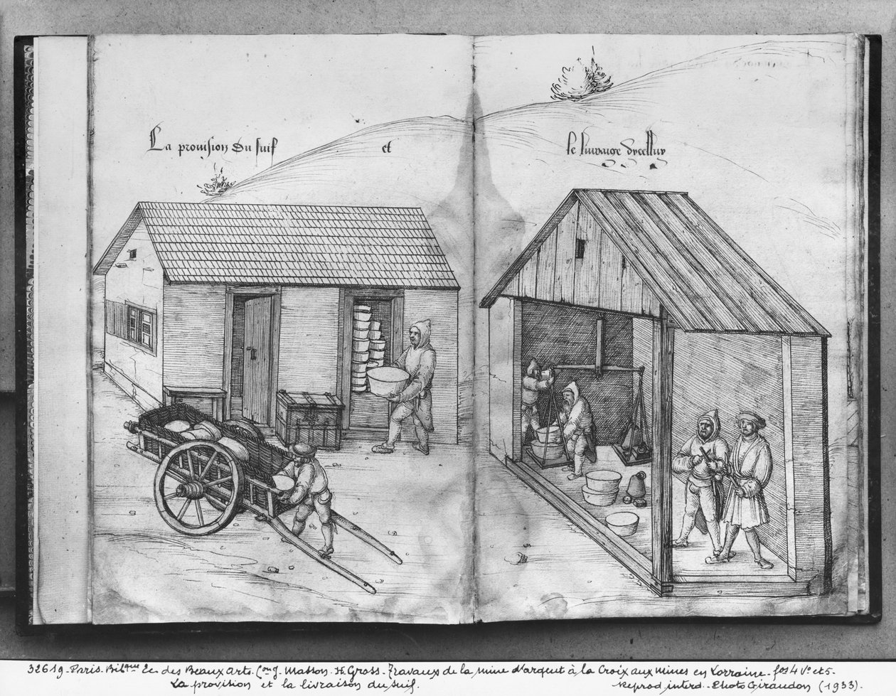 La Croix-aux-Mines, Lorraine, fol.4v ve fol.5r gümüş madeni, donyağı tedarik ve teslimi, c.1530 (kağıt üzerinde kalem ve mürekkep ve tuvalet) by Heinrich Gross or Groff