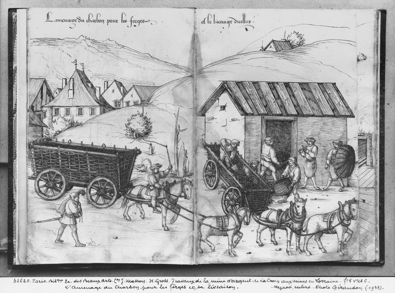La Croix-aux-Mines, Lorraine, fol.5v ve fol.6r gümüş madeni, demirhaneler için kömür taşıma ve teslim etme, c.1530 (kağıt üzerinde kalem ve mürekkep ve tuvalet) by Heinrich Gross or Groff