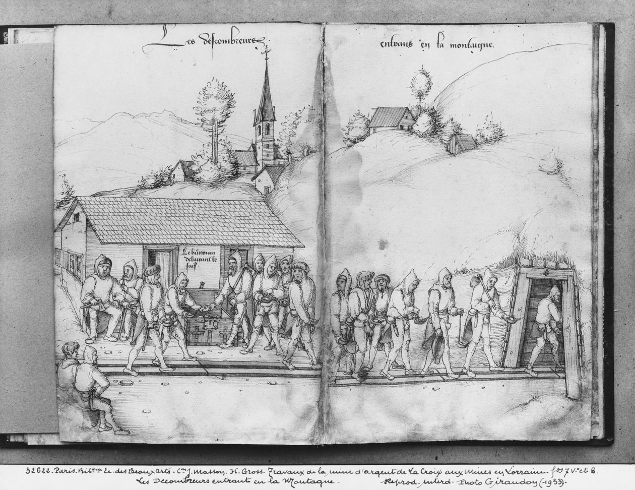 La Croix-aux-Mines, Lorraine, fol.7v ve fol.8r gümüş madeni, madene giren koleksiyoncular, c.1530 (kağıt üzerinde kalem ve mürekkep ve tuvalet) by Heinrich Gross or Groff