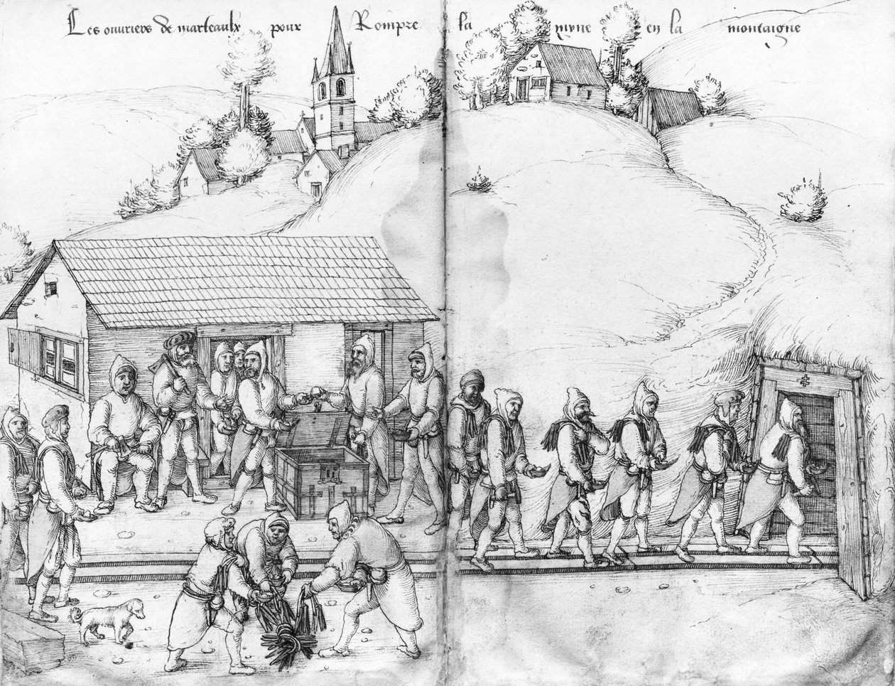 La Croix-aux-Mines gümüş madeni, Lorraine, fol.9v ve fol.10r, madenciler ve çekiçleri, c.1530 (kağıt üzerinde kalem ve mürekkep ve tuvalet) by Heinrich Gross or Groff