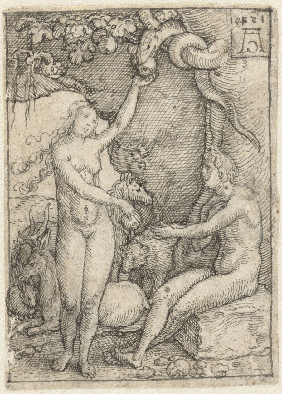 Havva, ağacın altında Adam de Appel'e yılanla ulaşır Gravür serisi için tasarım çizimleri Ölümün Gücü (dizi adı) by Heinrich Aldegrever