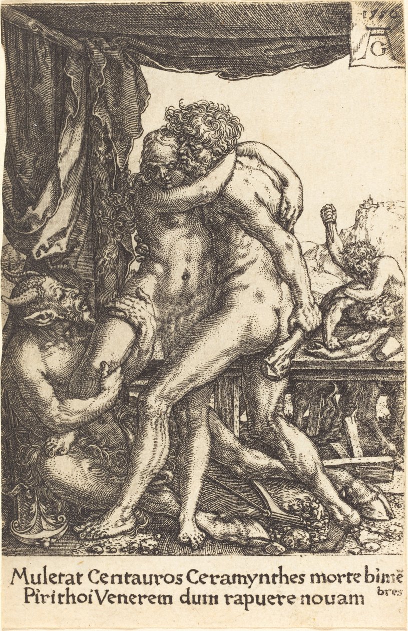 Centaurların Hippodamia Tecavüzünü Önleyen Herkül by Heinrich Aldegrever