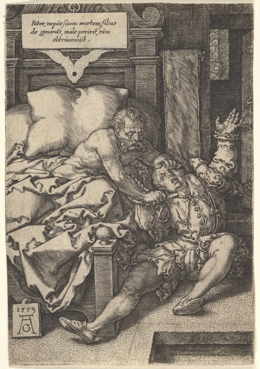 Yargıç Herkinbald, Yeğeninin Boğazını Keserken, 1553. by Heinrich Aldegrever