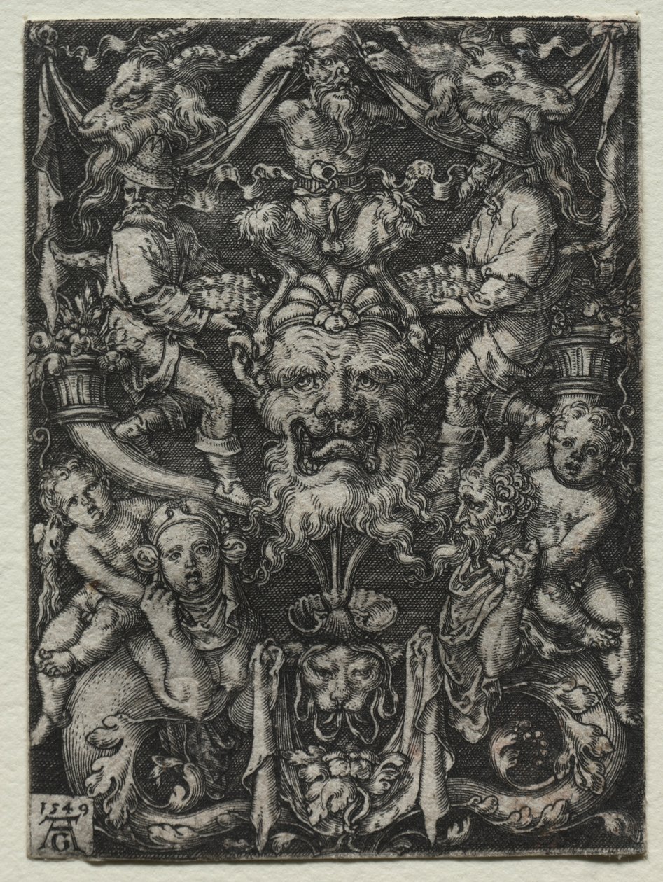 Maskeli, Birkaç Tritonlu, Alttaki İki Çocuklu Süsleme Tasarımı by Heinrich Aldegrever