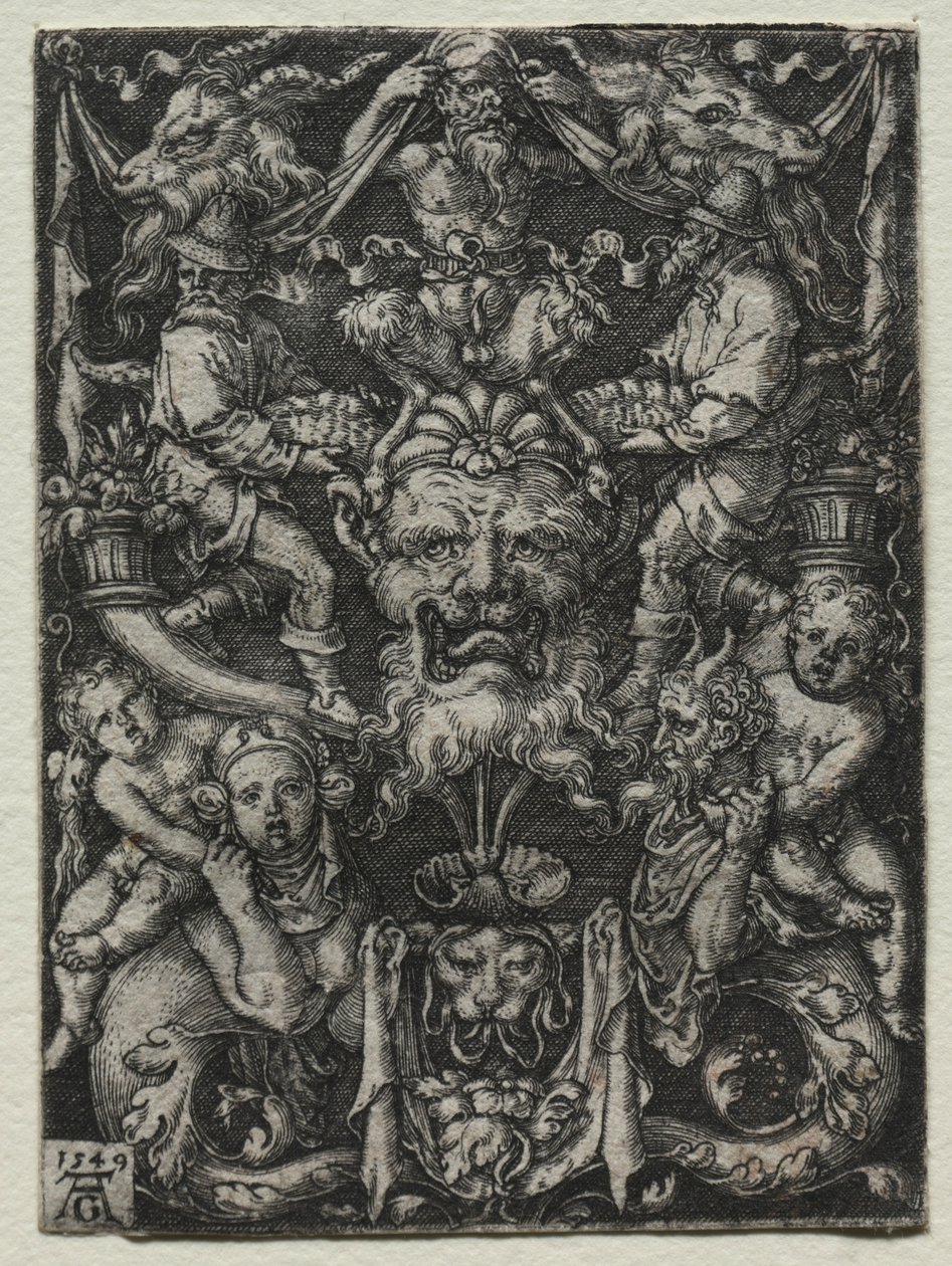 Maskeli, Bir Çift Tritonlu ve Alttaki İki Çocuklu Süsleme Tasarımı, 1549. by Heinrich Aldegrever