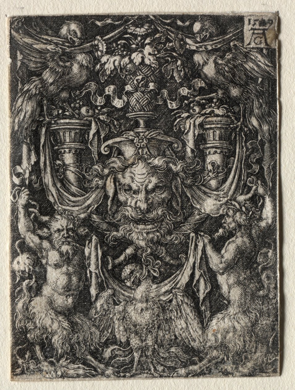Aşağıdaki İki Faun Arasında Maskeli ve Kartallı Süsleme Tasarımı, 1509. by Heinrich Aldegrever