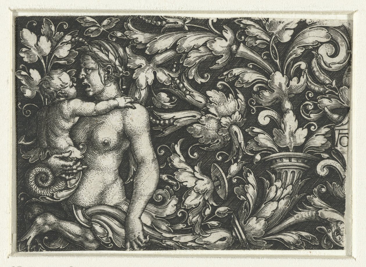 Yaprak sarmaşıkları ve çocuklu bir dişi triton ile süsleme by Heinrich Aldegrever