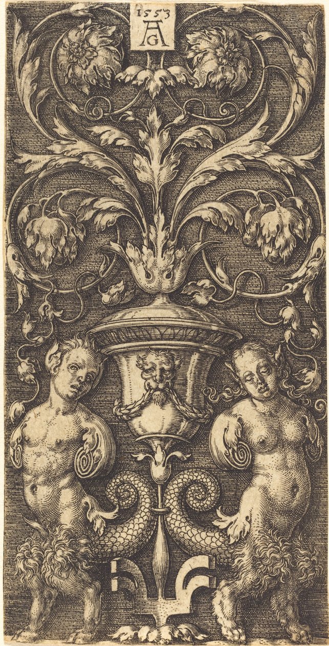 Vazolu ve İki Kadın Figürlü Süs, 1553. by Heinrich Aldegrever
