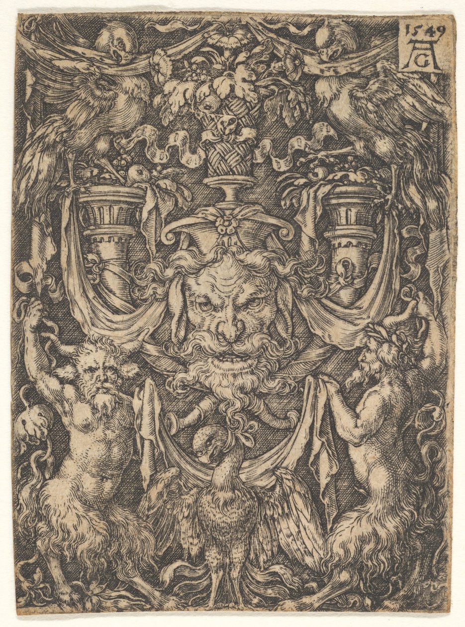 Aşağıdaki İki Faun Arasında Bir Maskeli ve Kartallı Süs Tasarımı, 1549. by Heinrich Aldegrever