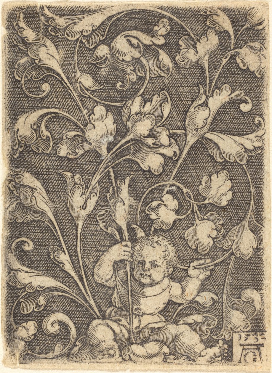 Oturan Çocuk ile Scroll Süsleme by Heinrich Aldegrever