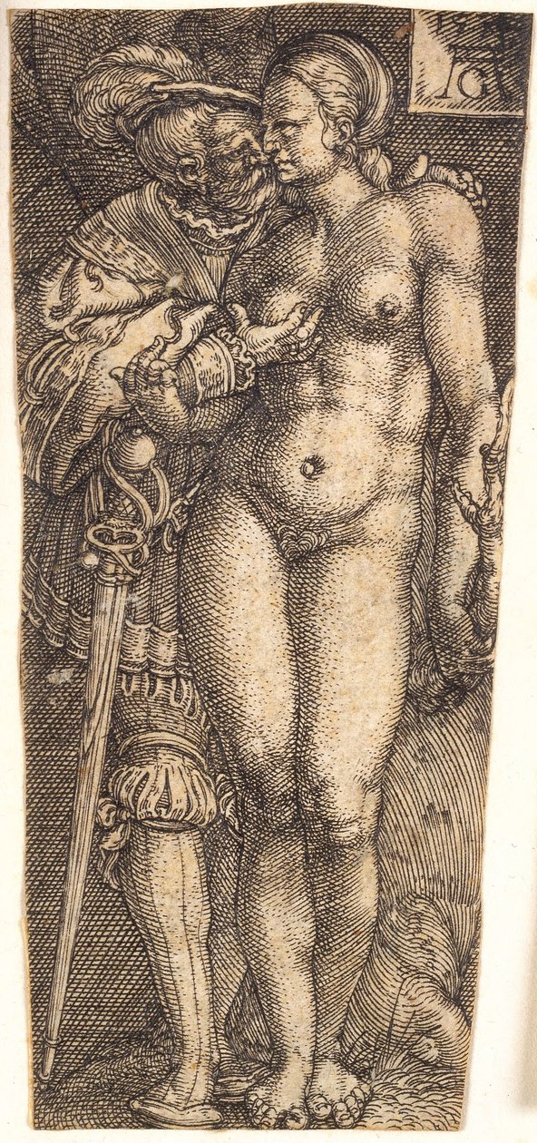 Asker ve Çıplak Kadın ile Kılıf Tasarımı by Heinrich Aldegrever
