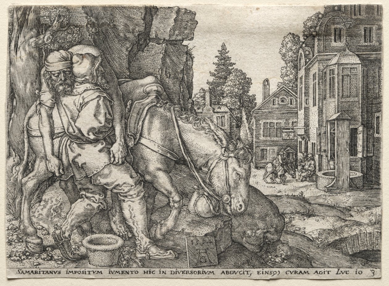İyi Samiriyeli Mesel: Gezgini Eşeğine Bindiren İyi Samiriyeli, 1554. by Heinrich Aldegrever