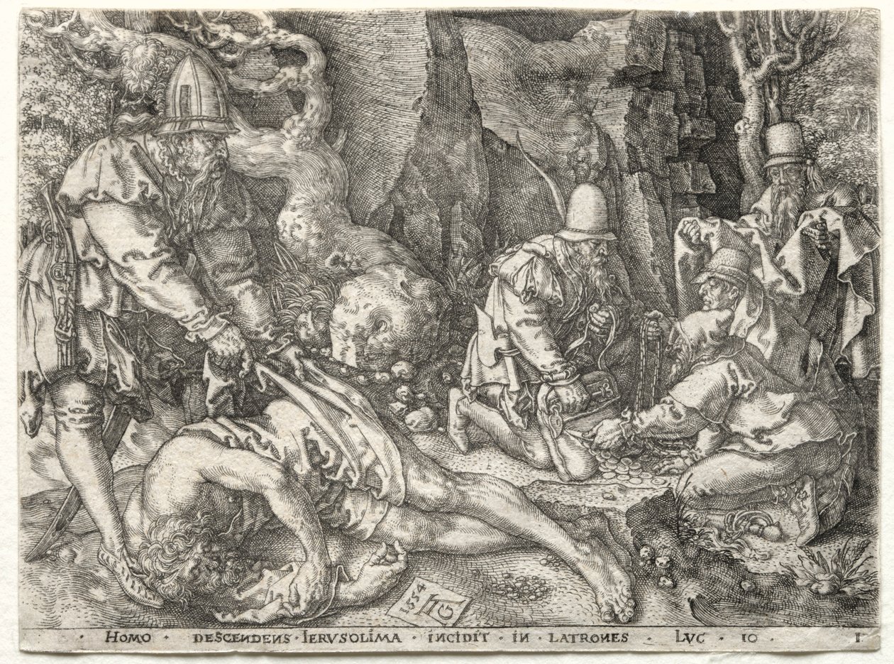 İyi Samiriyeli benzetmesi: Gezginlere Saldıran Soyguncular, 1554. by Heinrich Aldegrever