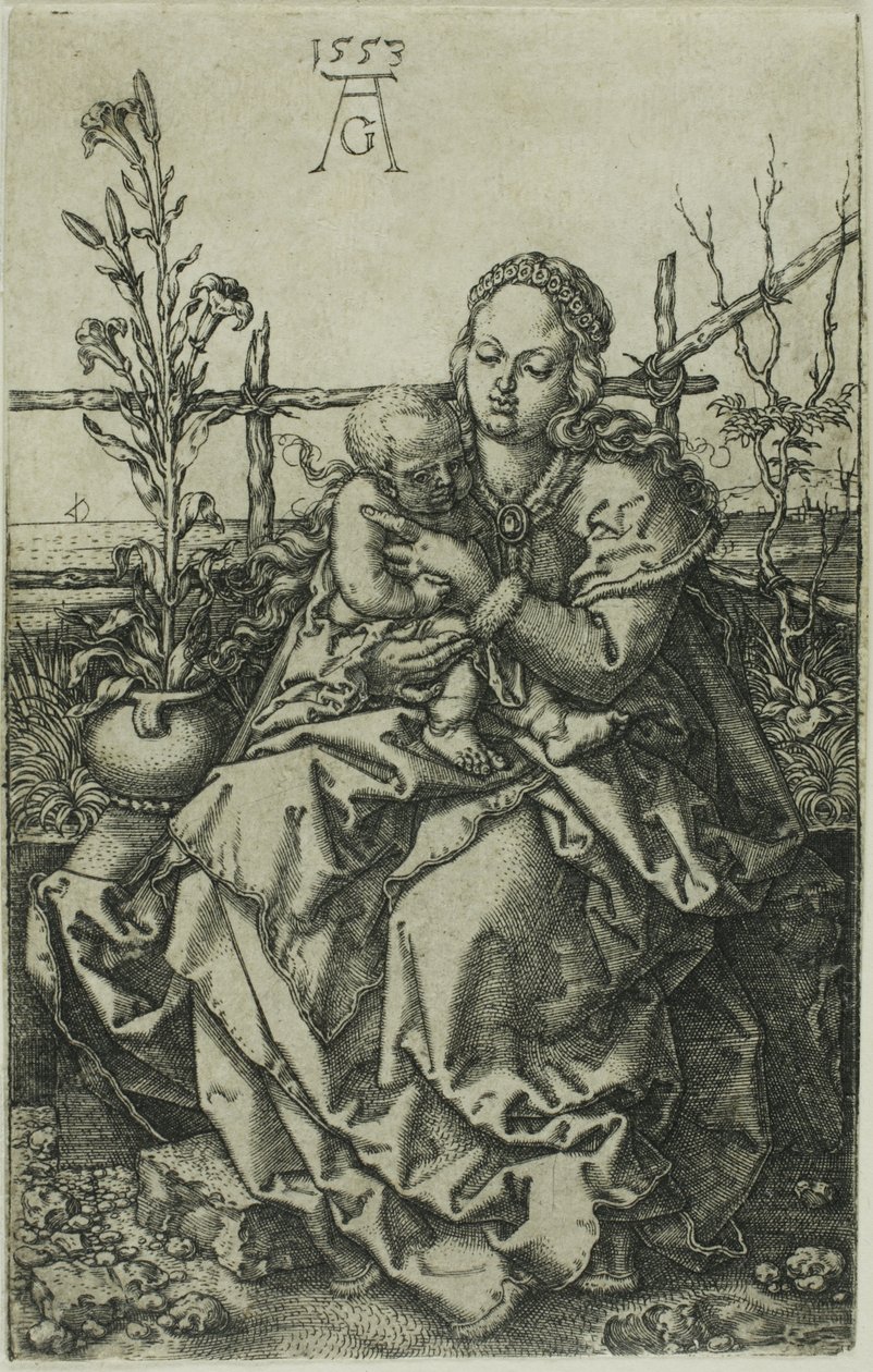 Bakire ve Çimenli Bir Bankada Oturan Çocuk by Heinrich Aldegrever