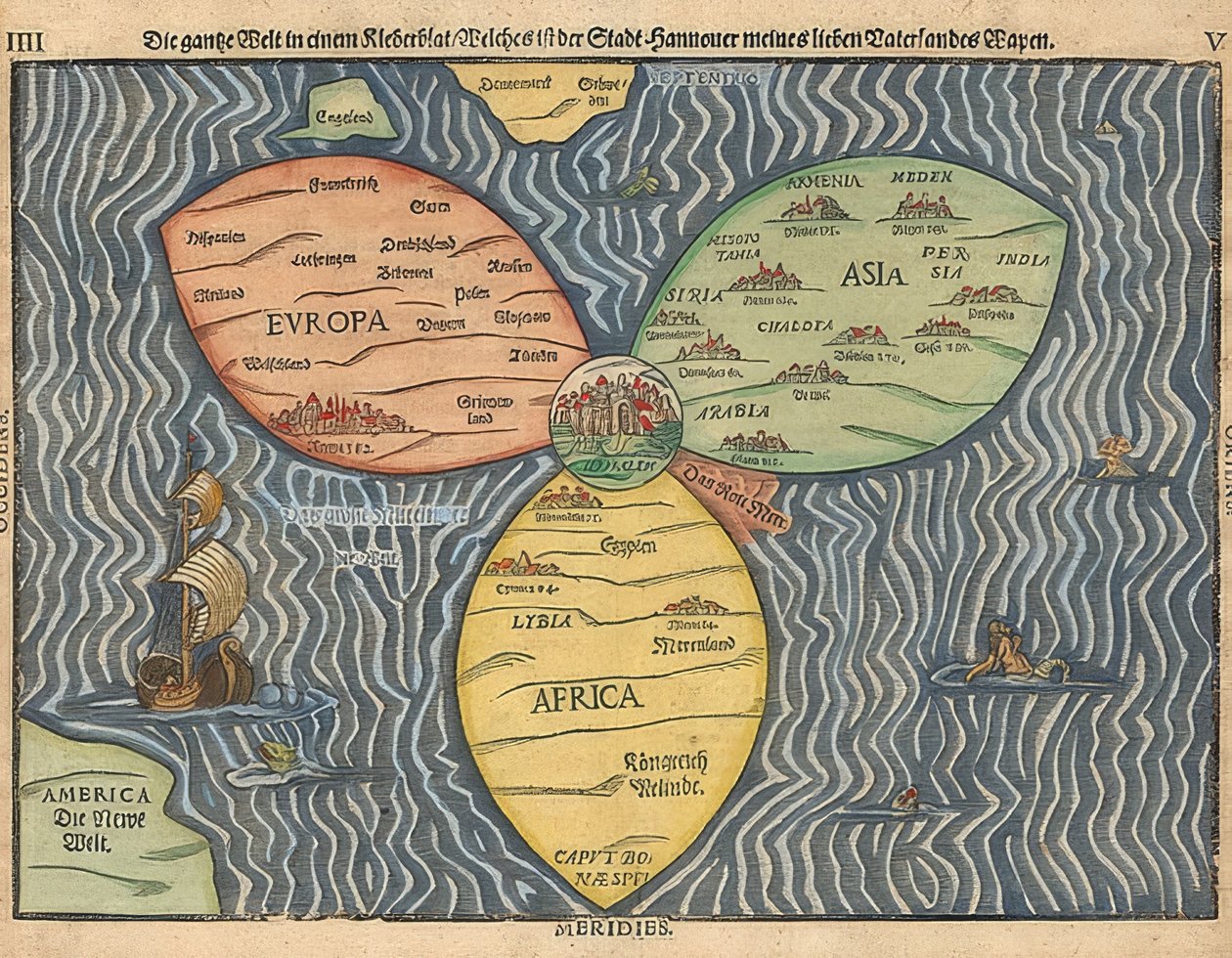 Bir yonca gibi dünyanın üç kıtası, merkezinde Kudüs. 1581 by Heinrich Bünting