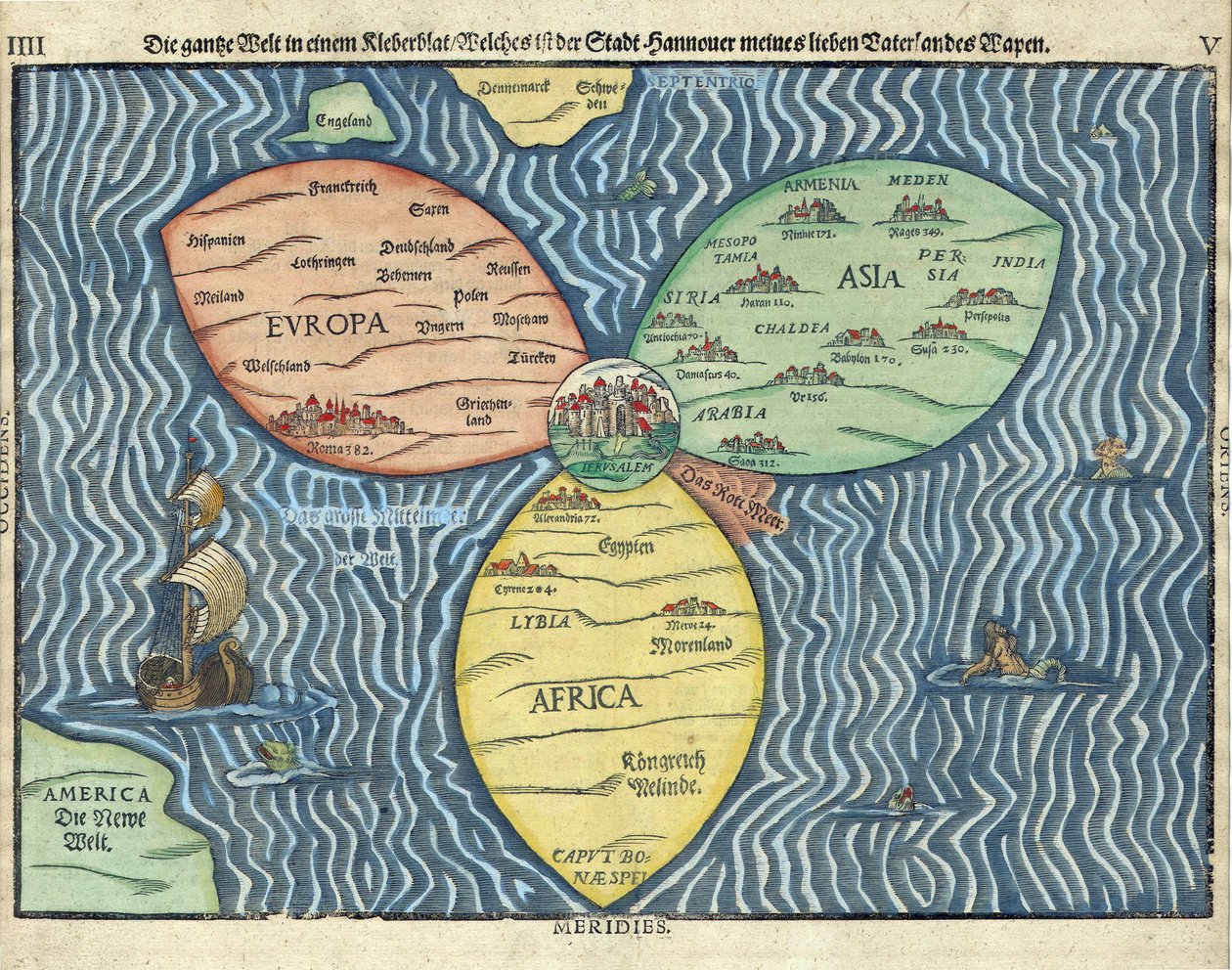 Dünyanın merkezinde Kudüs bulunan üç kıta, Heinrich Buntig (Buentig) (1545-1606) by Heinrich Buntig