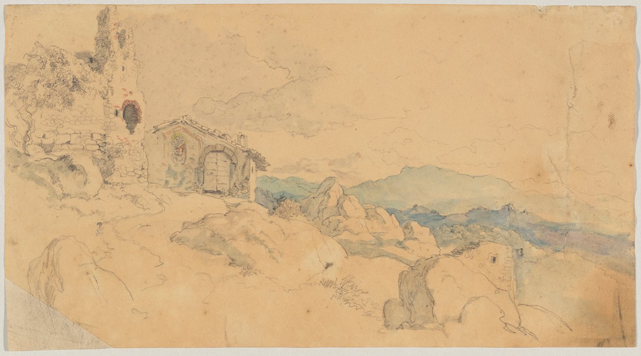 Kulübe ve harabeler ile dağ manzarası by Heinrich Burkel