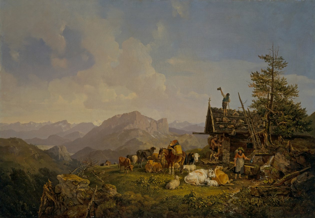 Çobanlar ve Sığırlarının Bir Kulübe Yanında Dinlendiği Oberbayen Manzarası by Heinrich Burkel