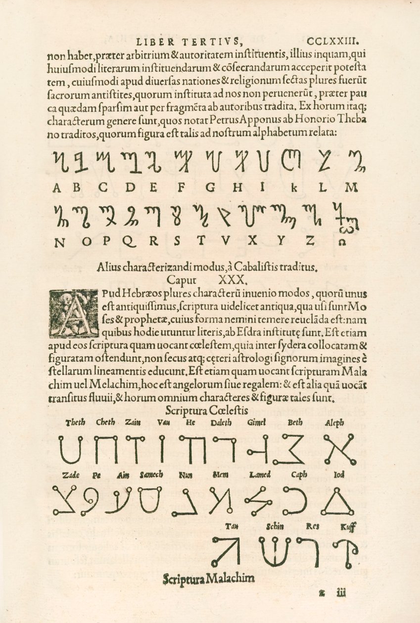 Theban alfabesi (Honorian alfabesi veya Honorius Runes of Honorius) ve Gök Alfabesi (Scriptura Malachim veya Angelic Script) Heinrich Cornelius Agrippa von Nettesheim