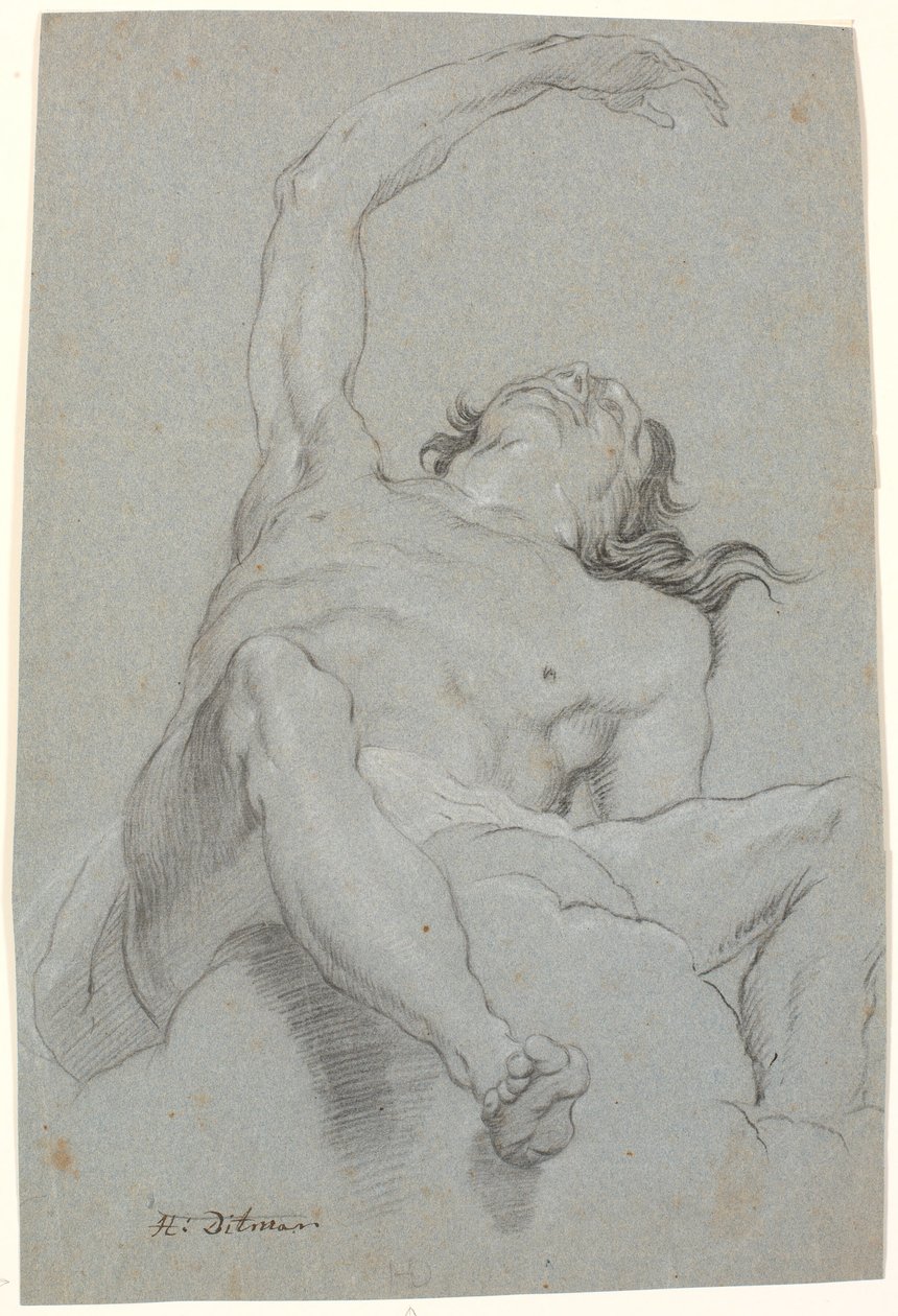 Çıplak adam, "de sotto in su" görüldü. Tavan resminde figür çalışması by Heinrich Dittmers